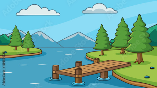 Cartoon lake with dock small wooden pier calm vector