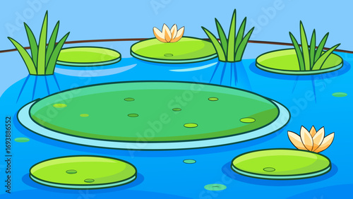 Cartoon lake with lotus flowers and green reeds water lilies