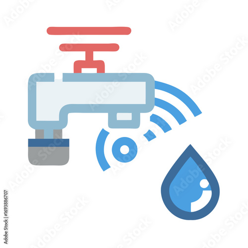 Smart Water Management: Icon of a modern faucet with wireless data and water drop