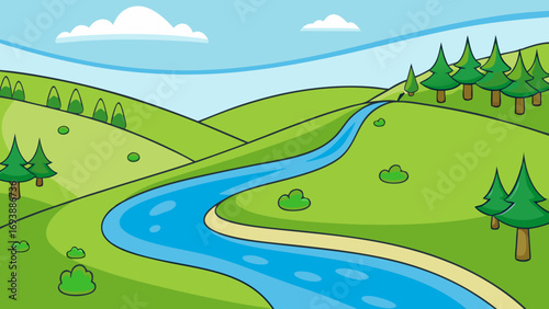 Cartoon river rolling green hills nature