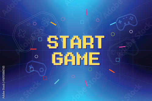 START GAME. pixel art .8 bit game. Retro Futurism Sci-Fi Background. glowing neon grid. and stars from vintage arcade computer games