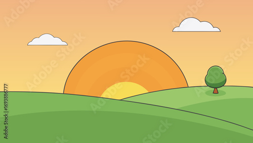 Cartoon sunrise over green hills nature