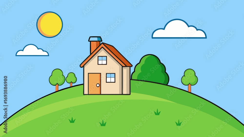 Naklejka premium House on green hill with sun and clouds vector