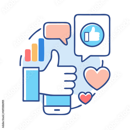 Illustration of a mobile device with icons, suggesting social media marketing and interaction
