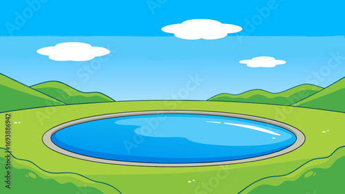 Cartoon lake and hills pond water