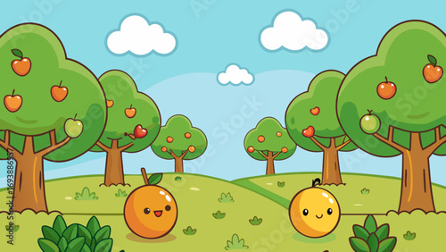 Cute cartoon orchard with smiling fruits apple orange