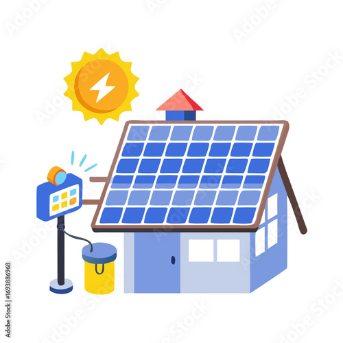A Cartoon House with Solar Panels and Sustainable Energy Theme on a Black Background