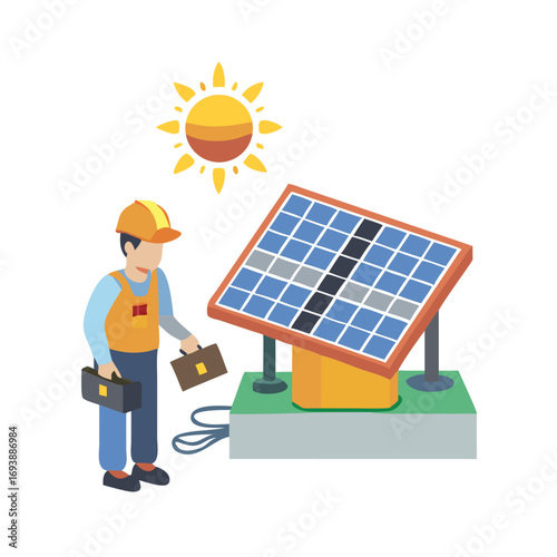 Solar Panel Installation Concept with Technician and Sun Icon on a Black Background