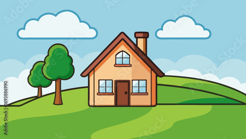 Cartoon house in green landscape cottage countryside