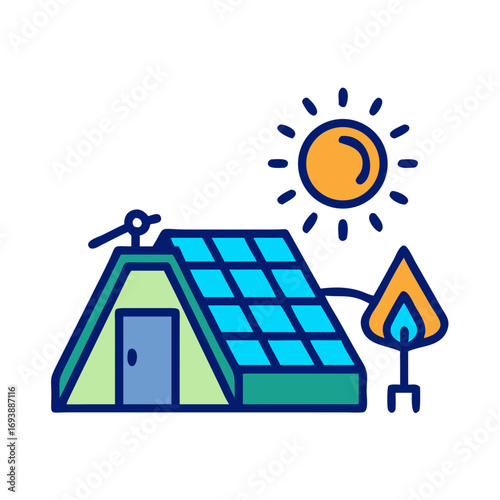 Iconic illustration of a sustainable tent with solar panels and campfire on black background