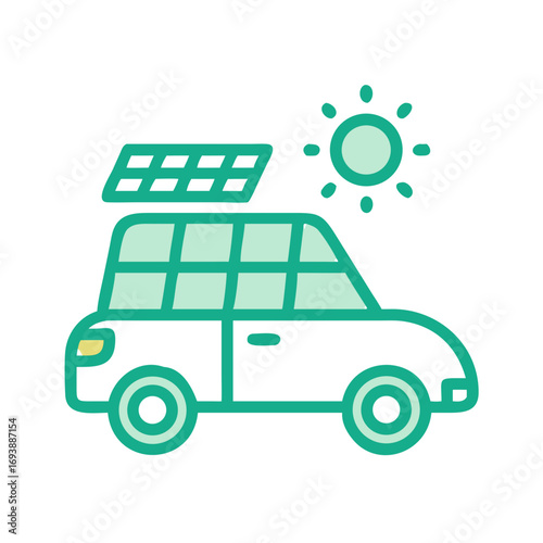 Illustration of electric car with solar panel and sun promoting renewable energy solutions