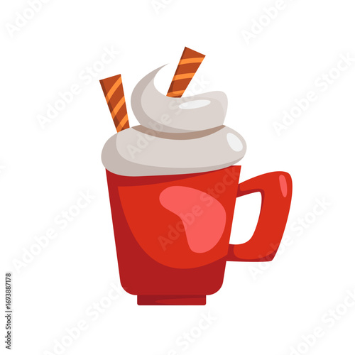 Cup of hot cocoa with cream isolated on white. Red mug with hot chocolate. Clip art. Flat vector illustration.