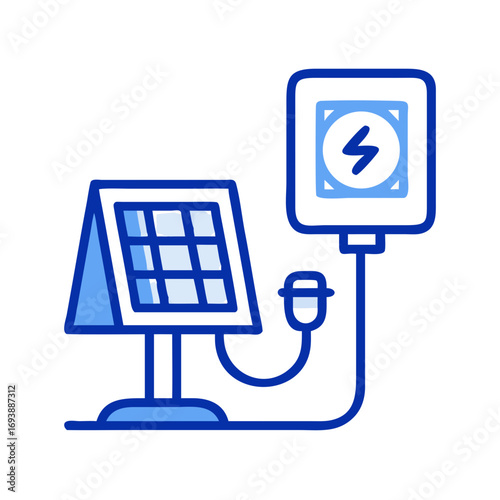 Modern flat design illustration of a solar panel and charging station with blue lines.
