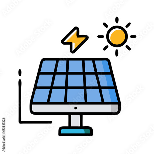 Stylized solar panel illustration showcasing sustainable energy with sun and lightning bolt in graphic design