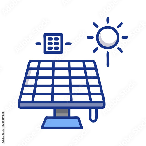 Blue solar panel illustration with sun and data storage, renewable energy concept