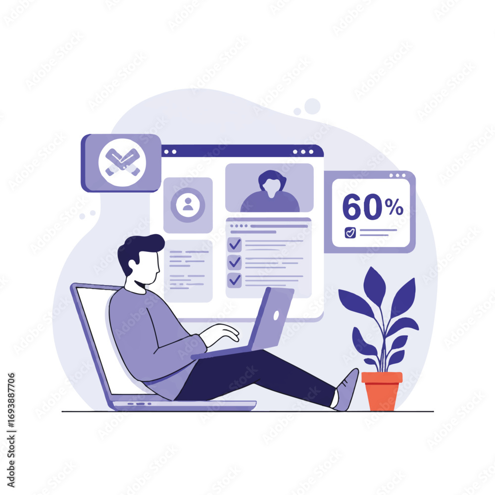 Obraz premium A person comfortably uses a laptop at home to access online public services, showcasing a user-friendly interface on the screen, depicted in a clean 2D flat vector illustration.