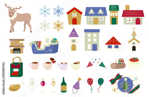 Christmas illustration set with reindeer houses fireplace sleigh drinks food and party items