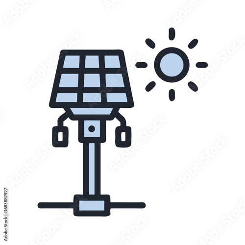 Icon of a Solar Panel Stand Under Sun Illustration on Black Background