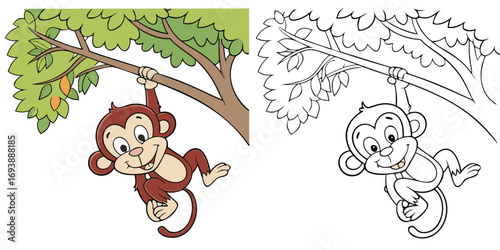 Cartoon monkey hanging from tree branch with fruit