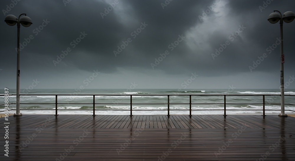 Naklejka premium an empty beachfront boardwalk. The sky is dark and brooding, with heavy rain falling. The ocean is a churning, gray mass.
