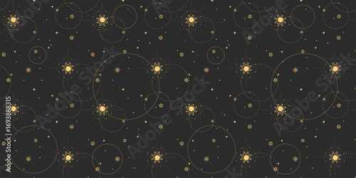 Mystical boho seamless pattern with gold sun symbols and celestial circles on dark background for textile or wallpaper design. Orbits with stars and cosmic elements. Decorative astrology repeat motif.