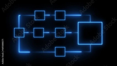 Abstract blue neon flowchart diagram connecting squares on black background digital animation