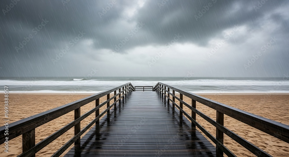 Fototapeta premium an empty beachfront boardwalk. The sky is dark and brooding, with heavy rain falling. The ocean is a churning, gray mass.