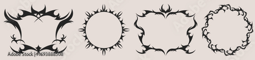 Decorative gothic frame set with tribal ornaments and black silhouettes on light background for tattoo or medieval designs. Sharp curved borders with flame elements. Fantasy embellishment shapes.