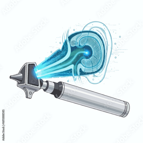 Medical innovation concept showing an AI-powered otoscope diagnosing hearing with a glowing blue digital interface