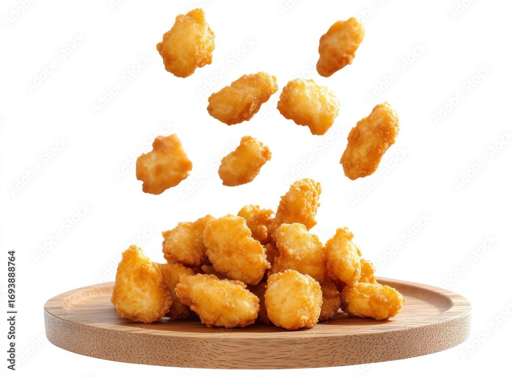 Crispy Golden Brown Fried Chicken Nuggets on Round Wooden Plate board with isolated