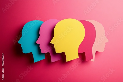 Creative vibrant paper human head cutouts arranged in triangle formation Concept of business roles and responsibilities