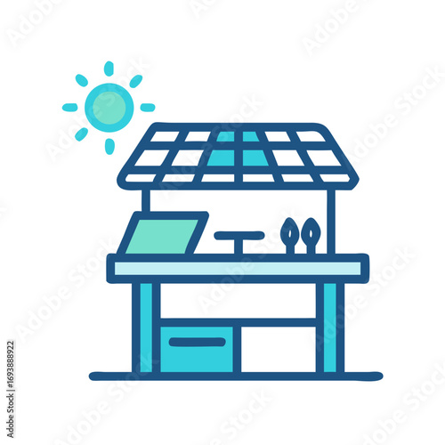 Illustration of a market stall under a sun in blue and light blue colors