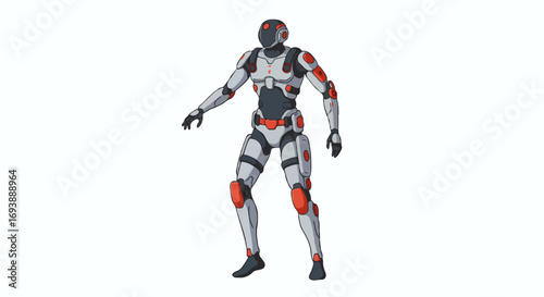 Stylized Full-Body Robot Illustration in Grey, Red, and Black with a Modern Design