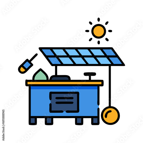 Flat design illustration showing energy concept with solar panels and industrial objects