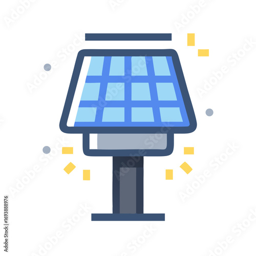 Stylized solar panel icon on a black background with light particles