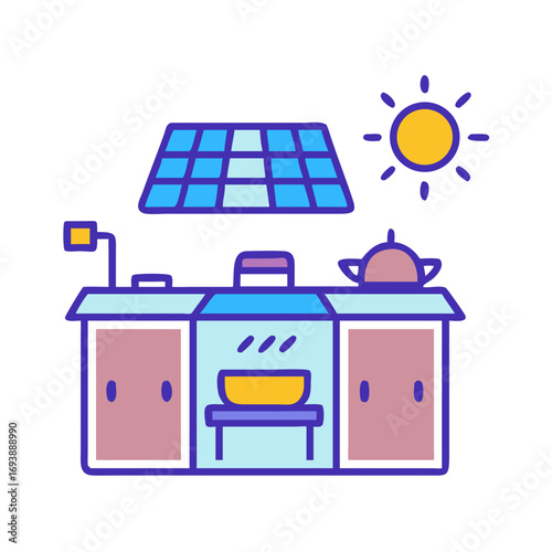 Modern kitchen with solar panel illustration symbolizing sustainable energy and eco-friendly practices