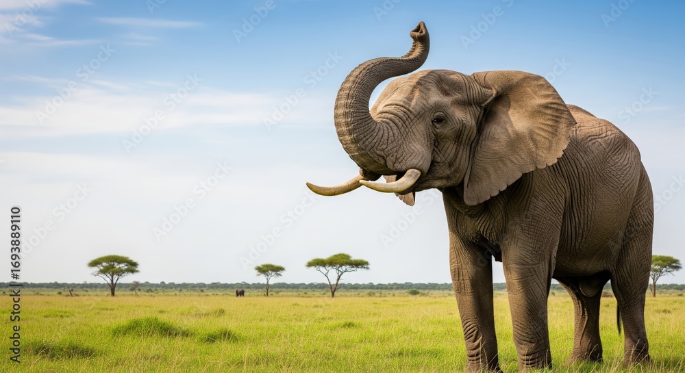 Fototapeta premium Majestic elephant standing in a grassy savannah under a clear blue sky in Africa during daytime