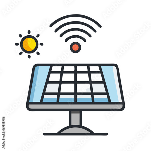 Smart solar energy panel with sun and wireless signal, illustrating clean technology connectivity