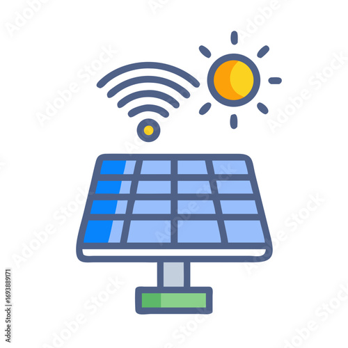 Clean energy illustration featuring a solar panel, the sun and wireless internet connection