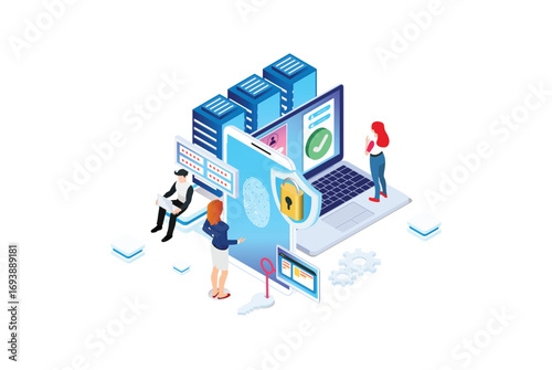 Modern Isometric Online administrator, web hosting concept. Technician repair software. Hardware protection share infographic. Store safe server. Suitable for Diagrams, Game Asset, And Other asset