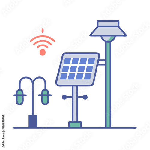 Solar panel and street light icons showing renewable energy on black background