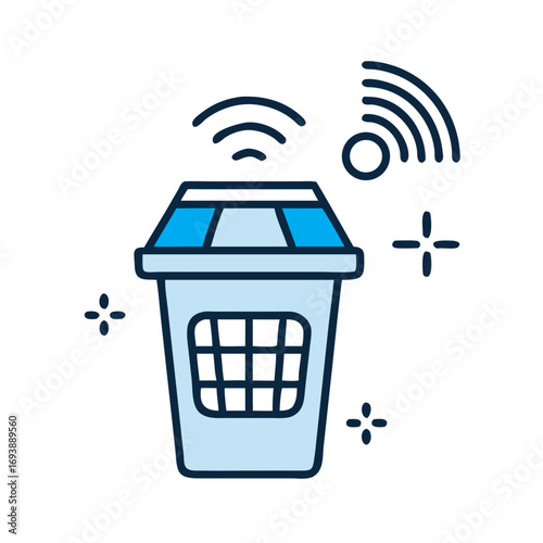 Smart home technology illustration showing connected trash can with wireless signal on black background