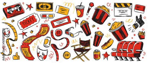 Cinema doodle icons with movie theater elements for graphic design. Red and yellow pencil sketched television assets - popcorn and film strip, ticket and 3D glasses, director chair and theater seats