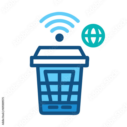 Smart trash can with global connectivity indicated by signals and globe icon