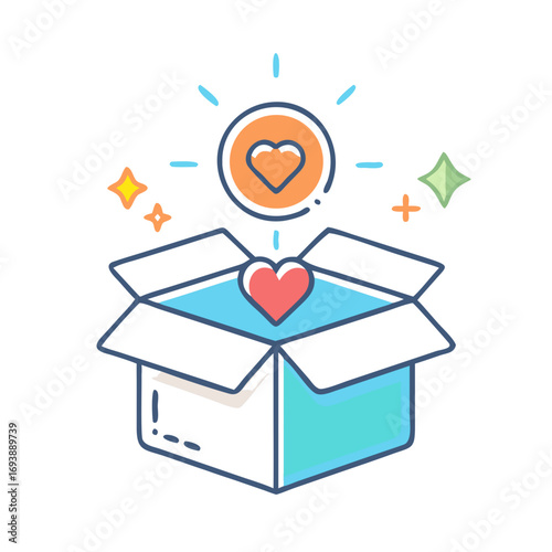 Colorful Illustration of Love and Giving: A Heart in an Open Box with Sparkles