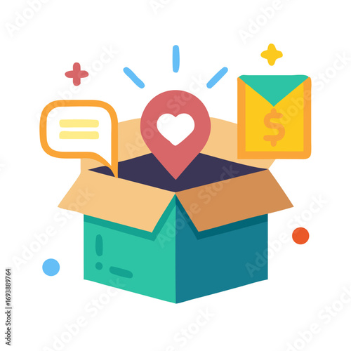 Illustrated gift box with social media symbols representing customer appreciation and online business growth