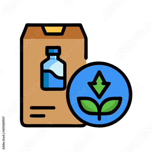Sustainable medicine packaging featuring a blue water bottle and a plant based eco-friendly icon