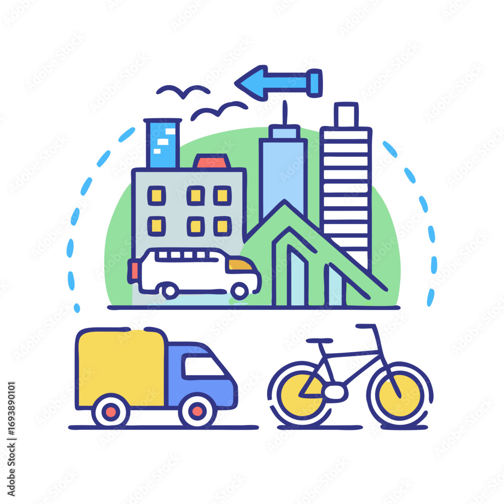Fototapeta premium City Transport Network: Icon Illustration of Truck, Van, Bicycle, and Skyscrapers