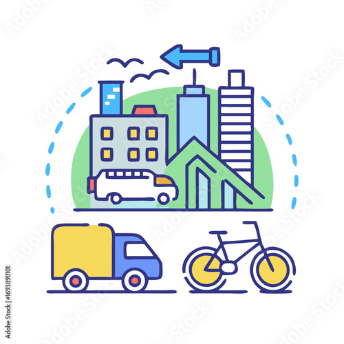 City Transport Network: Icon Illustration of Truck, Van, Bicycle, and Skyscrapers