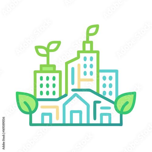Modern sustainable city line art illustration on black background for eco concepts